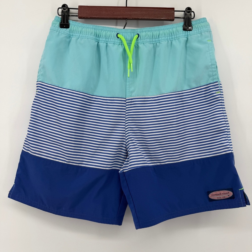 Vineyard Vines Swim Trunks‎ Mens XL Blue Teal Striped Colorblock Board Shorts